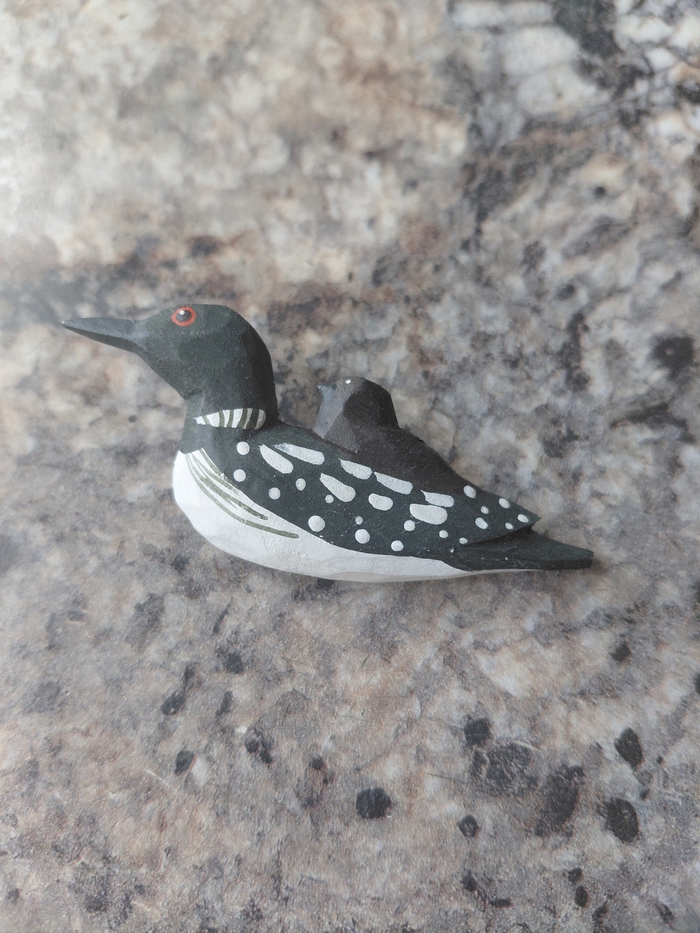 Vintage Wooden Black and White Loon with Chick Carved Wood Art Pin Brooch